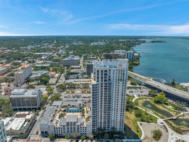 birds eye view of property featuring a water view