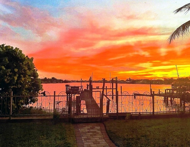 view of dock with a water view