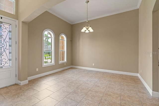 interior space featuring light tile patterned floors, crown molding, and a chandelier