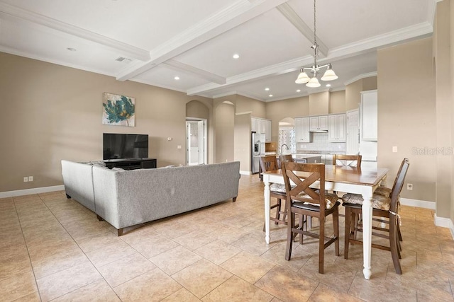 dining area featuring coffered ceiling, a chandelier, crown molding, light tile patterned floors, and beam ceiling