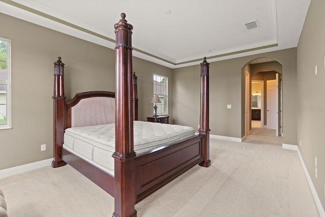 bedroom featuring ornamental molding, light colored carpet, a raised ceiling, and multiple windows