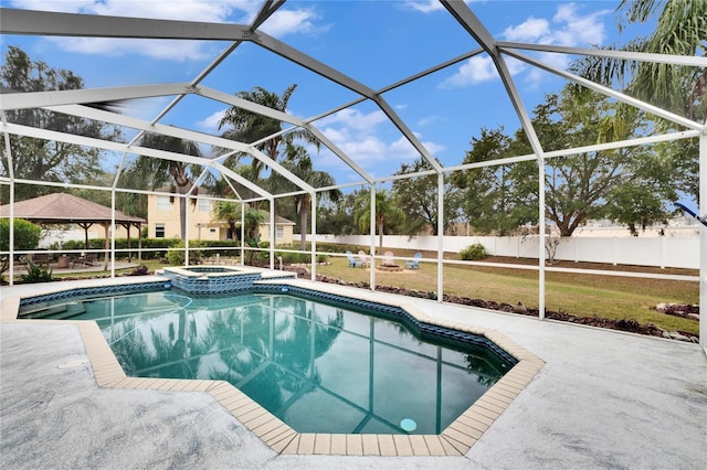 view of swimming pool with an in ground hot tub, a yard, a gazebo, a lanai, and a patio