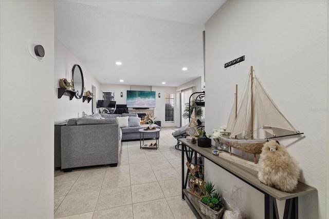 living room featuring light tile patterned floors