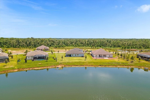 bird's eye view with a water view