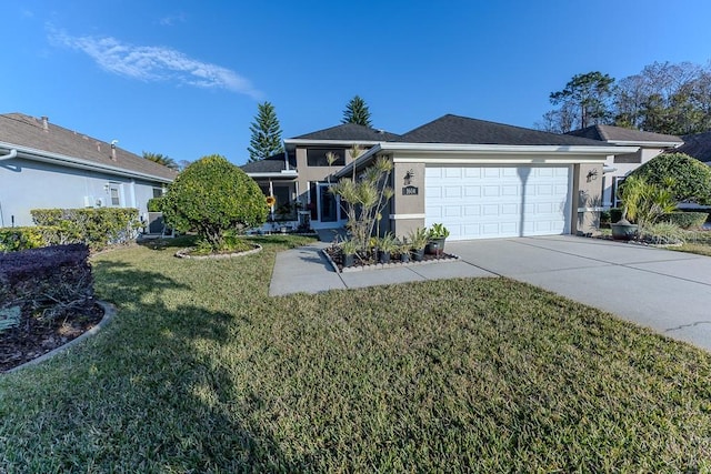 ranch-style house featuring a garage and a front yard