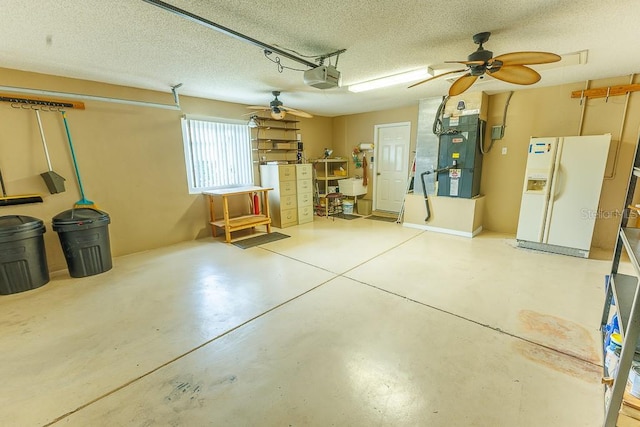 1604 Boswell Ln, New Port Richey, FL 34655 - garage with white refrigerator with ice dispenser, heating unit, a garage door opener, and a ceiling fan