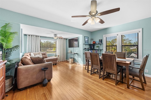 dining area with ceiling fan, light hardwood / wood-style floors, and plenty of natural light