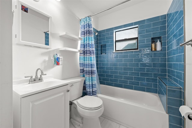 full bathroom with toilet, vanity, tile patterned flooring, and shower / bath combination with curtain