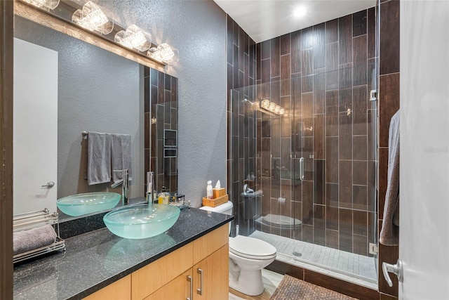 bathroom featuring toilet, a shower with door, and vanity