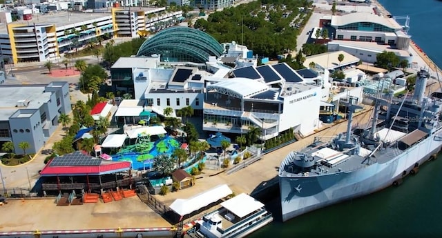 bird's eye view with a water view