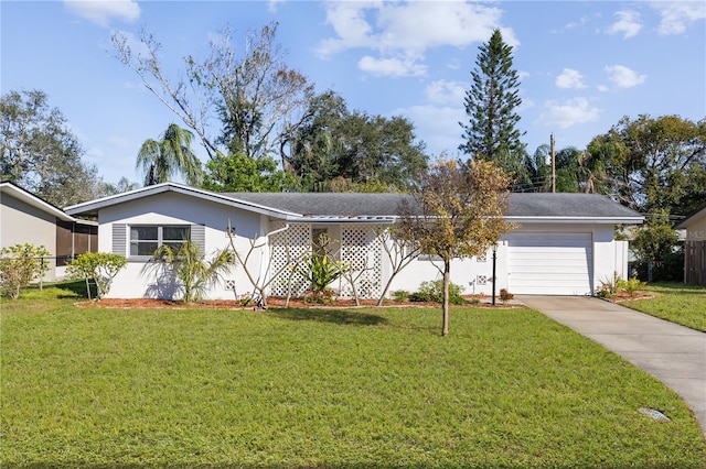 single story home with a garage and a front yard