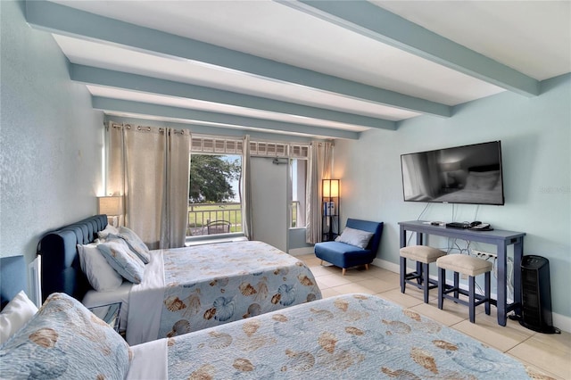 tiled bedroom featuring beam ceiling