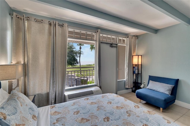 bedroom with light tile patterned floors, a wall mounted AC, and beamed ceiling