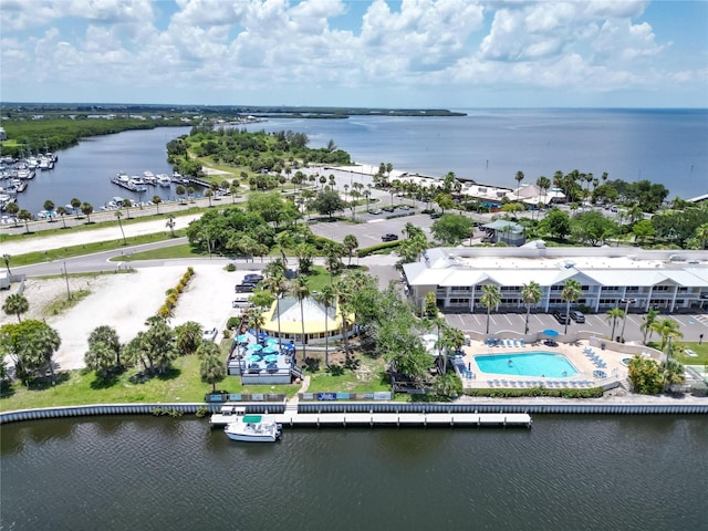 drone / aerial view with a water view