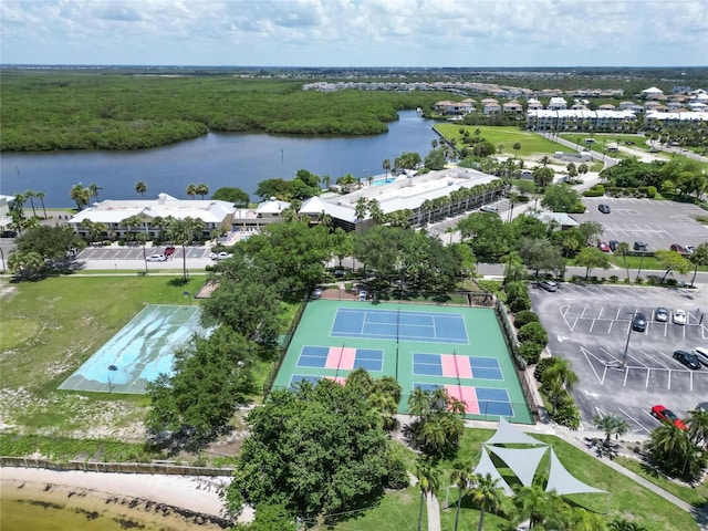 birds eye view of property featuring a water view