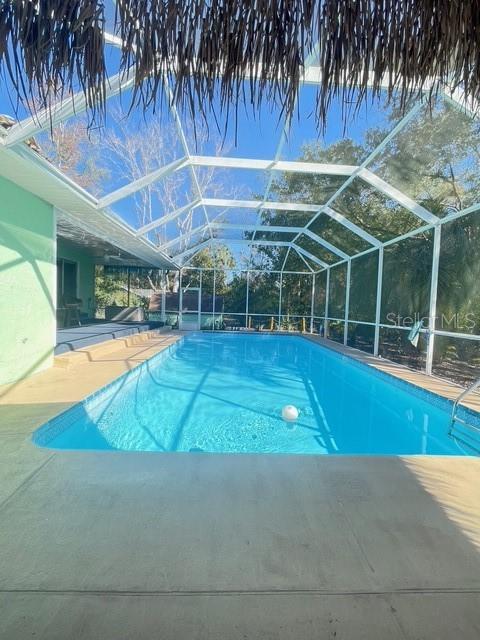 view of swimming pool with a patio and glass enclosure