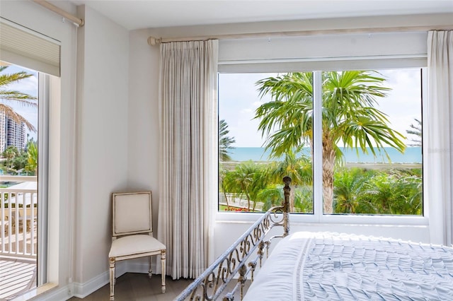 bedroom featuring hardwood / wood-style floors and a water view