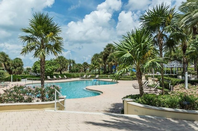 view of swimming pool featuring a patio area