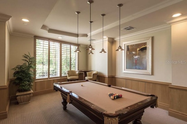 recreation room featuring billiards, crown molding, carpet flooring, and a tray ceiling