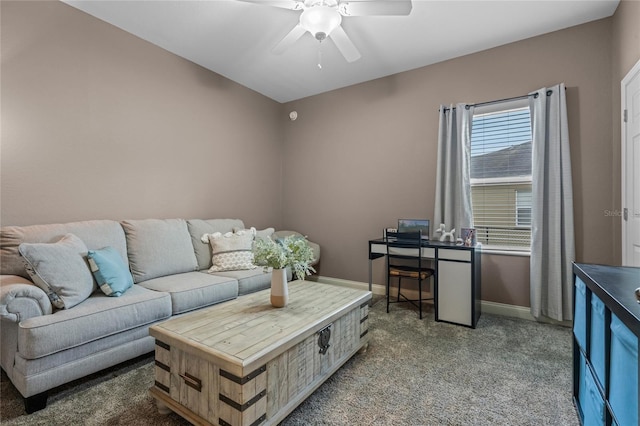 living room with ceiling fan and carpet