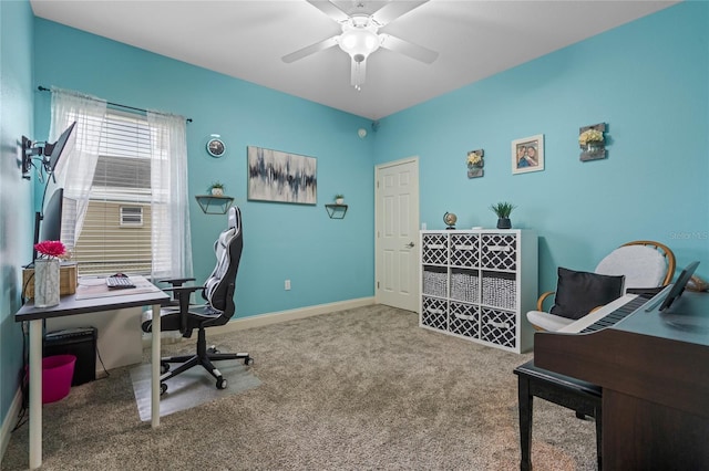 home office with carpet floors and ceiling fan