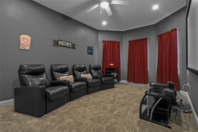 home theater with carpet floors and ceiling fan