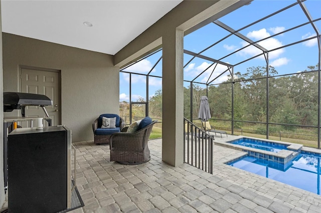 view of patio / terrace featuring a bar, a lanai, and a pool with hot tub