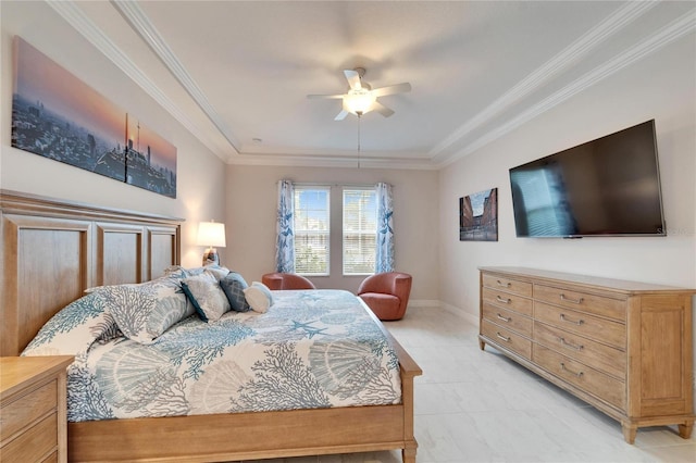 bedroom featuring ceiling fan and ornamental molding