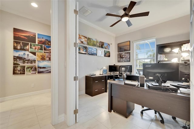 office space featuring ceiling fan, light tile patterned flooring, and crown molding