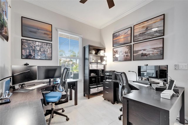 tiled home office featuring ceiling fan and ornamental molding