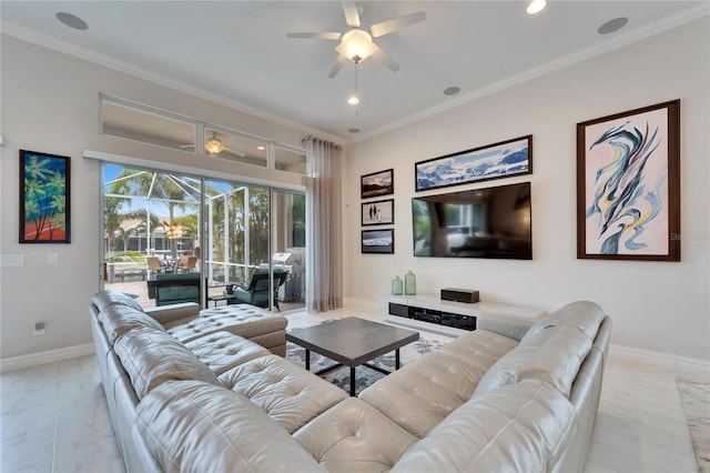 living room featuring ceiling fan and ornamental molding