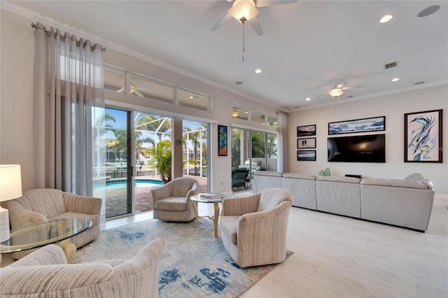 living room featuring ceiling fan and crown molding