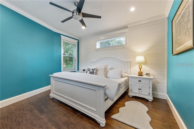 bedroom featuring ceiling fan and crown molding