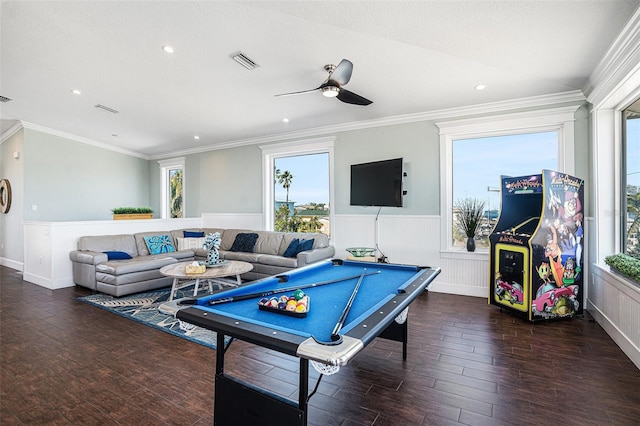 recreation room featuring crown molding, billiards, ceiling fan, a textured ceiling, and dark hardwood / wood-style flooring