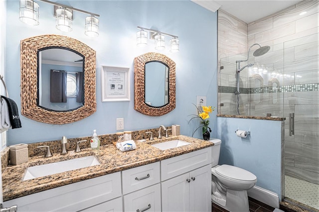 bathroom featuring a shower with door, vanity, and toilet