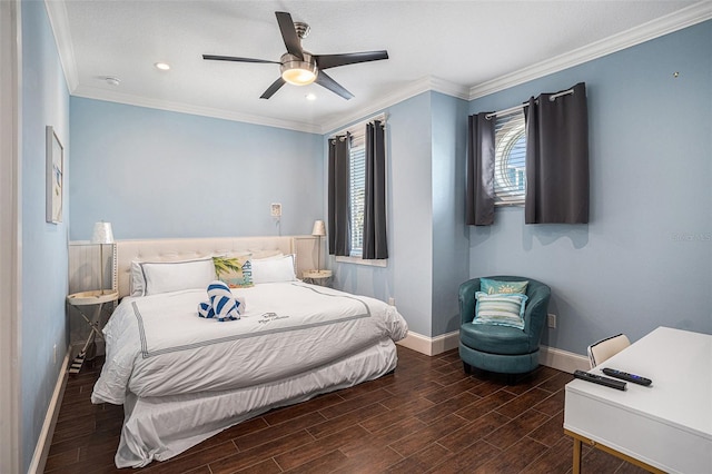 bedroom with crown molding, ceiling fan, and dark hardwood / wood-style floors