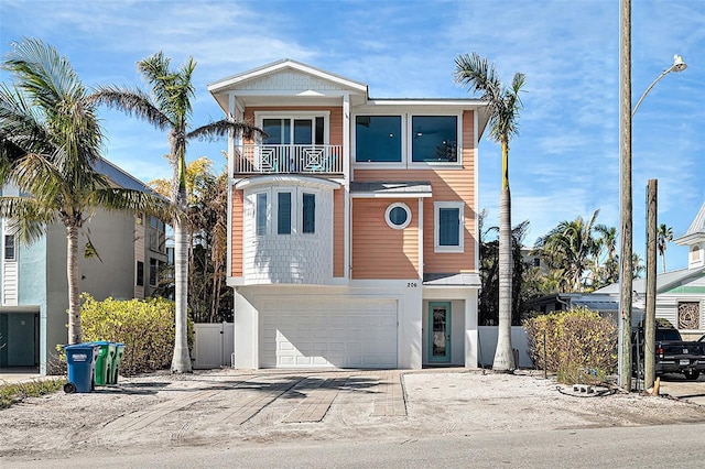206 Church Ave, Bradenton Beach, FL 34217 - coastal inspired home featuring a balcony, fence, driveway, and a garage