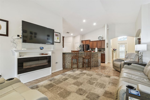 living room featuring high vaulted ceiling