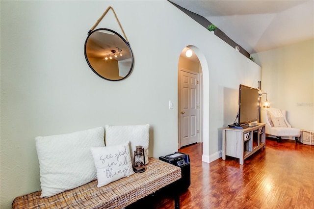 sitting room featuring lofted ceiling and dark wood-type flooring