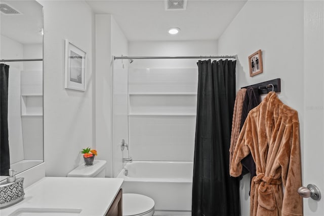 full bathroom featuring toilet, vanity, and shower / bath combination with curtain