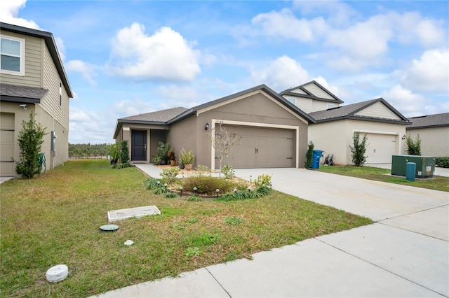 view of front of home with a front lawn, a garage, and cooling unit