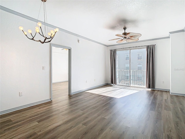 empty room featuring ceiling fan with notable chandelier, crown molding, and dark hardwood / wood-style floors