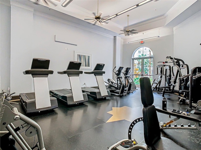 exercise room featuring ceiling fan and a tray ceiling