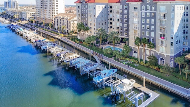 birds eye view of property featuring a water view