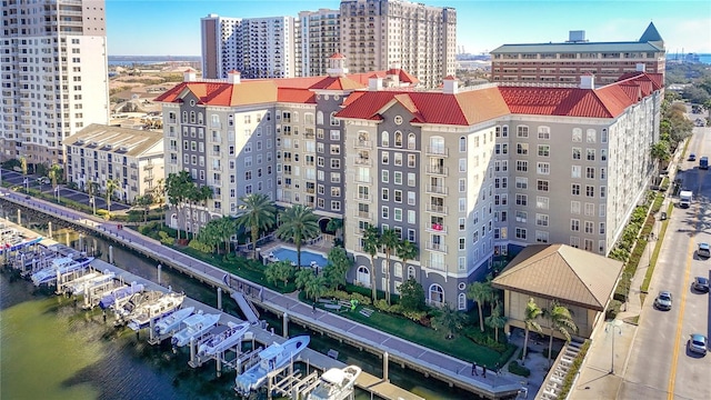 aerial view featuring a water view