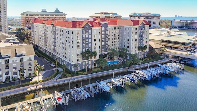 birds eye view of property featuring a water view