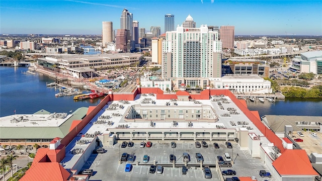 birds eye view of property featuring a water view