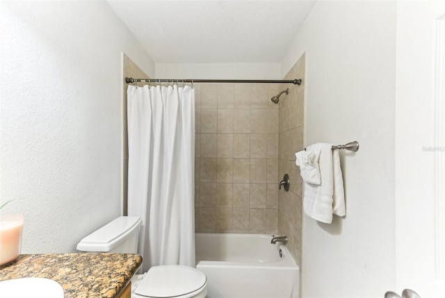 full bathroom with shower / tub combo, vanity, a textured ceiling, and toilet