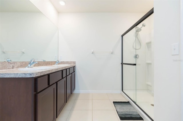 bathroom featuring tile patterned flooring, vanity, and an enclosed shower