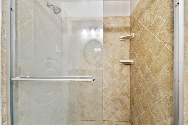 bathroom with a shower with shower door